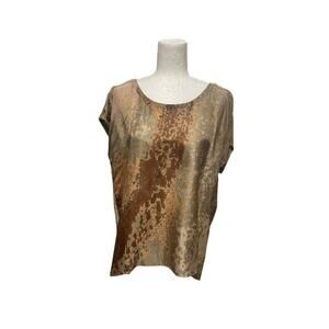 Eileen Fisher 100% Silk Blouse Sea Spray Scoop Neck Tan Brown Quiet Luxury Large